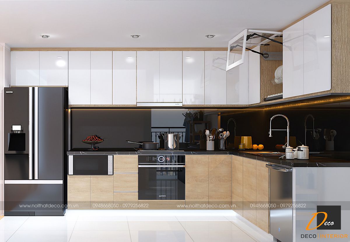 Phòng bếp chung cư của chị Trang được thiết kế theo phong cách hiện đại